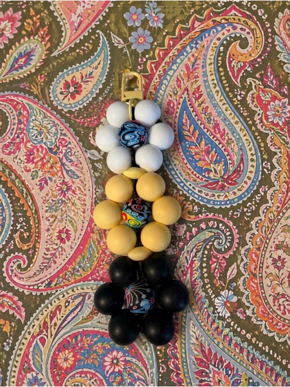 Handmade Beaded Cluster Flower Keychain in White, Yellow & Black